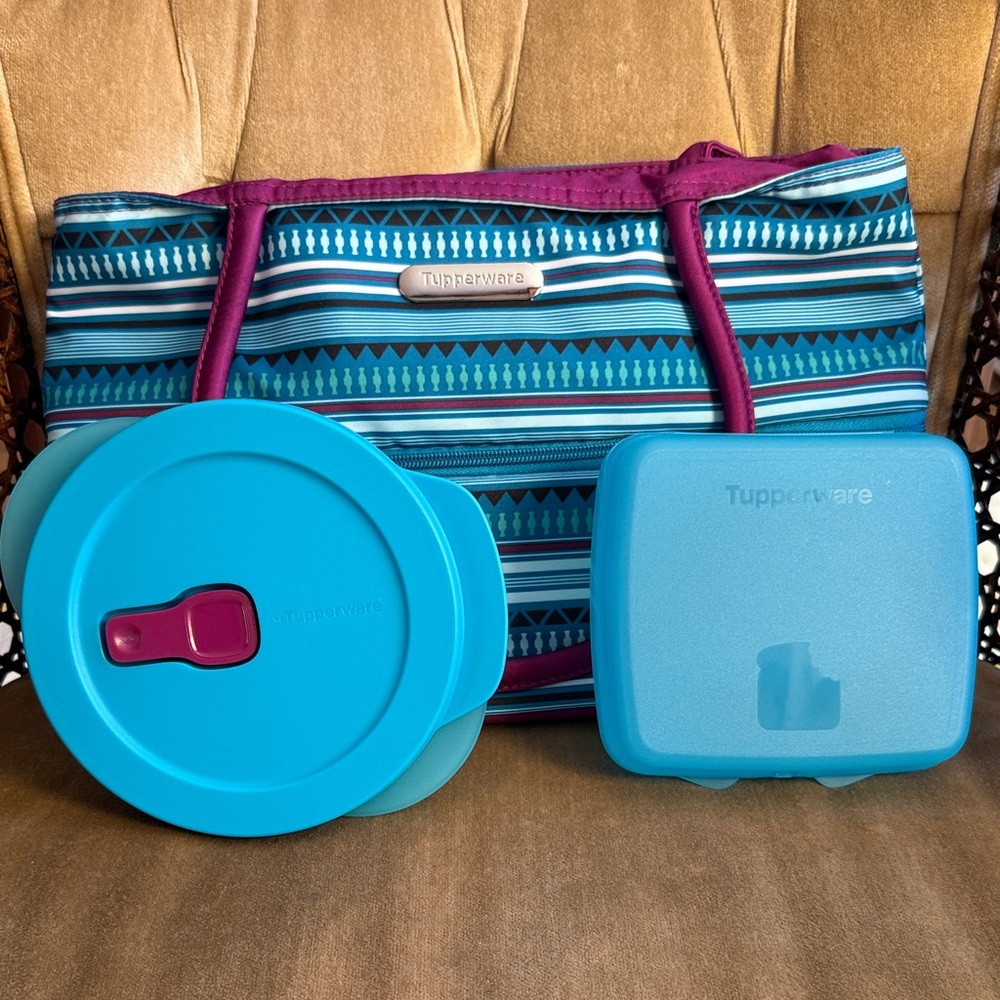 Tupperware Brand New Blue and Purple Container Set with Patterned Bag